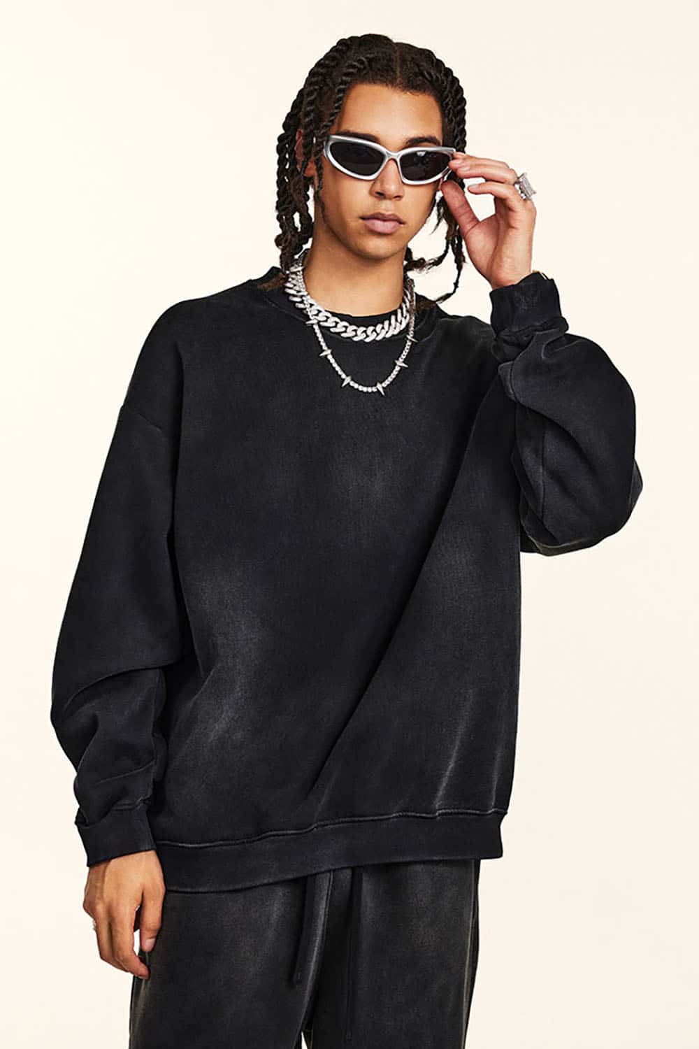 Vintage Hiphop Gradient Fleece Sweatshirt with Loose Crew Neck