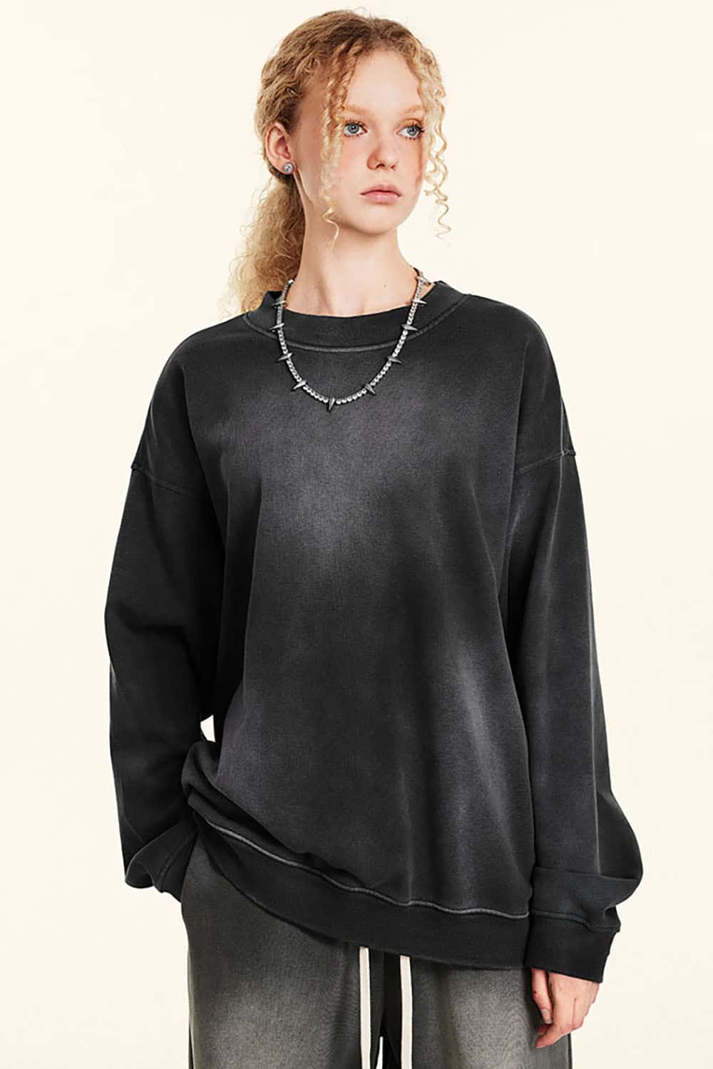 Vintage Hiphop Gradient Fleece Sweatshirt with Loose Crew Neck