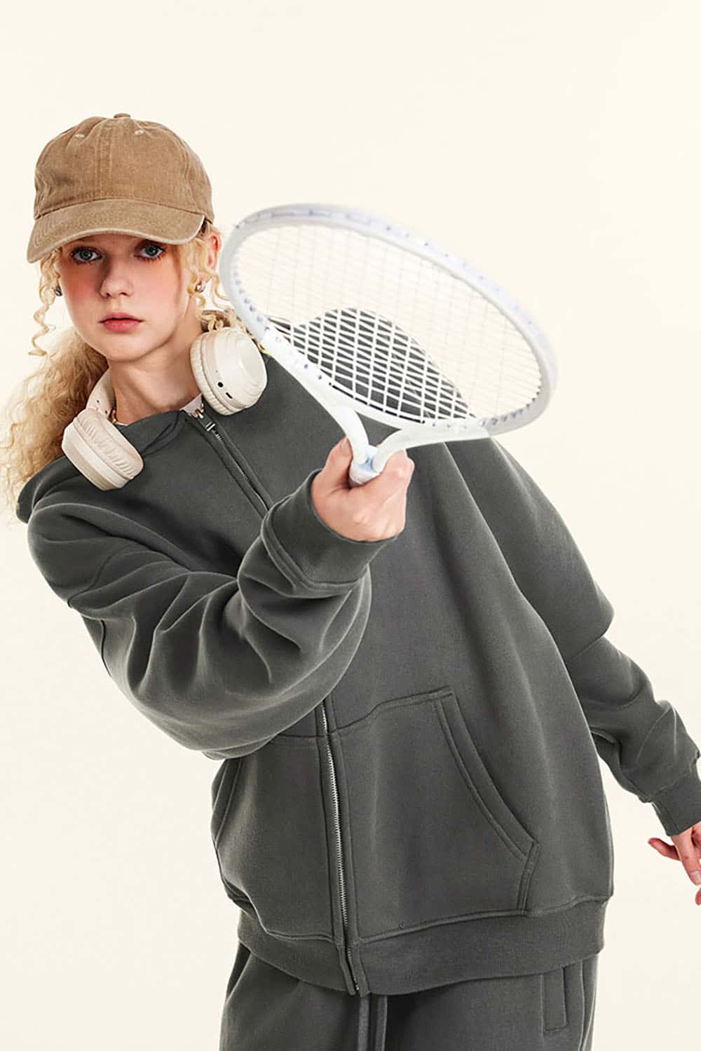 Unisex Solid Color Loose-Fit Fleece-Lined Hooded Zip-Up Cardigan