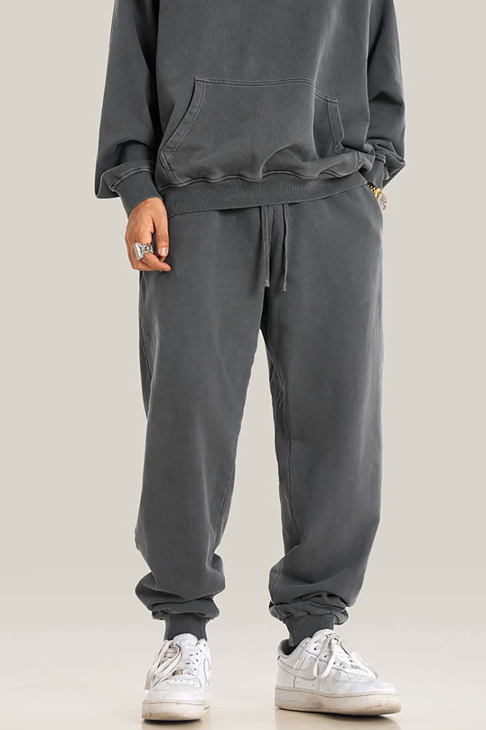 Streetwear Loose Casual Pants with Elastic Cuffs and Washed Finish