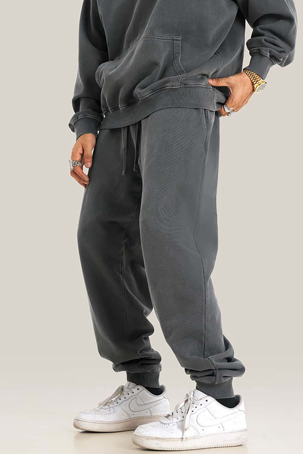 Streetwear Loose Casual Pants with Elastic Cuffs and Washed Finish