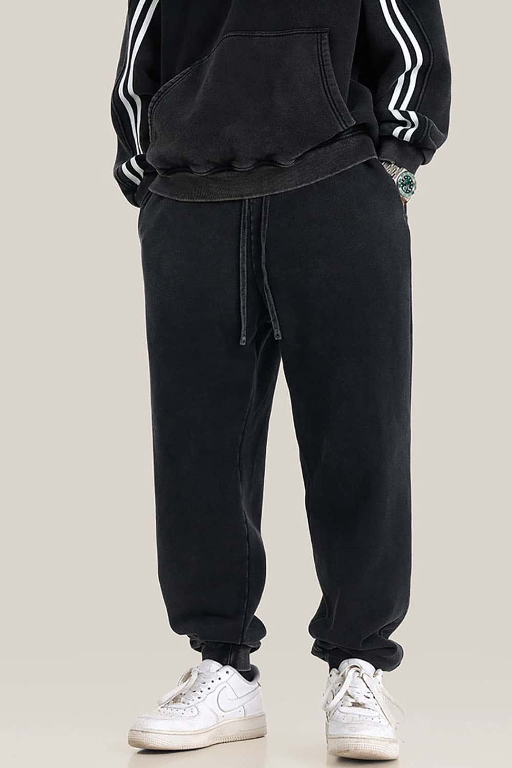 Streetwear Loose Casual Pants with Elastic Cuffs and Washed Finish