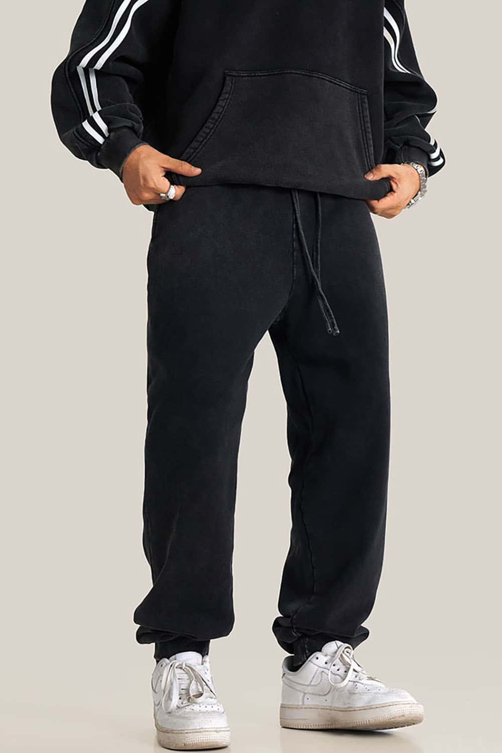 Streetwear Loose Casual Pants with Elastic Cuffs and Washed Finish