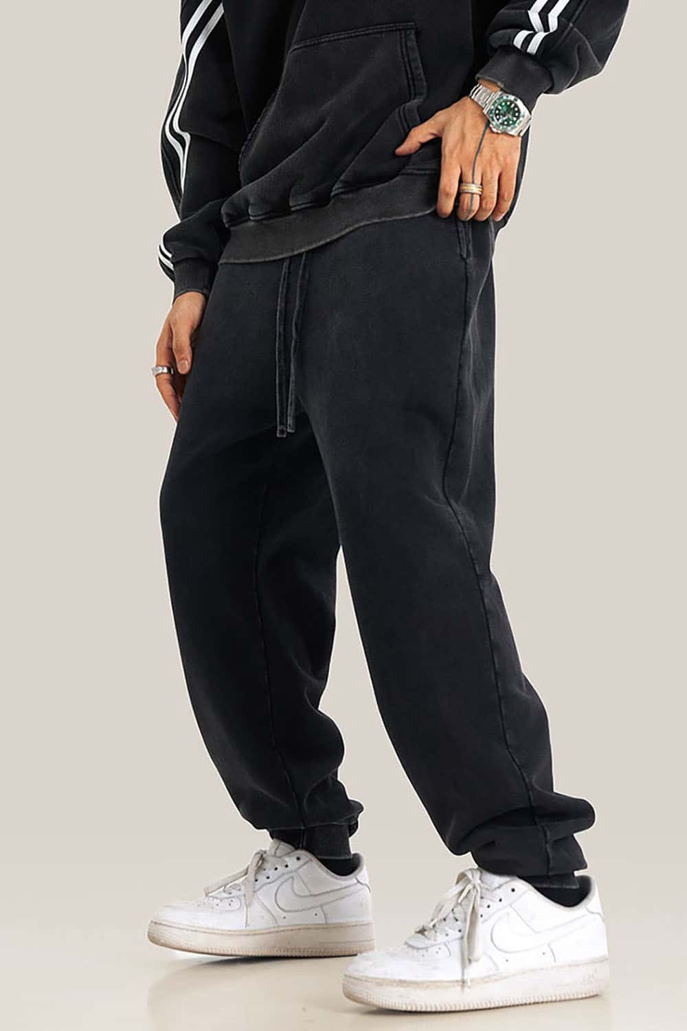 Streetwear Loose Casual Pants with Elastic Cuffs and Washed Finish