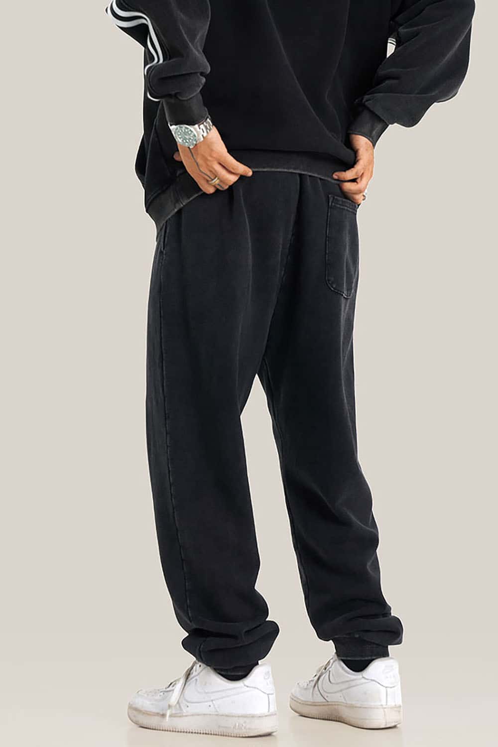 Streetwear Loose Casual Pants with Elastic Cuffs and Washed Finish