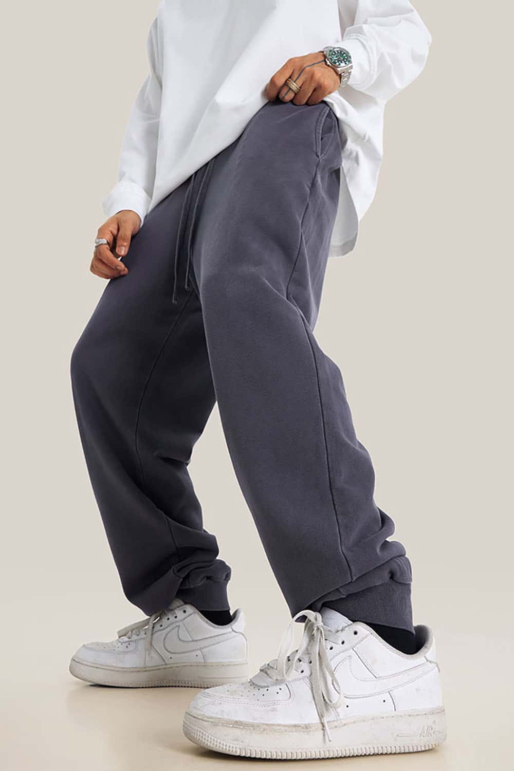 Streetwear Loose Casual Pants with Elastic Cuffs and Washed Finish