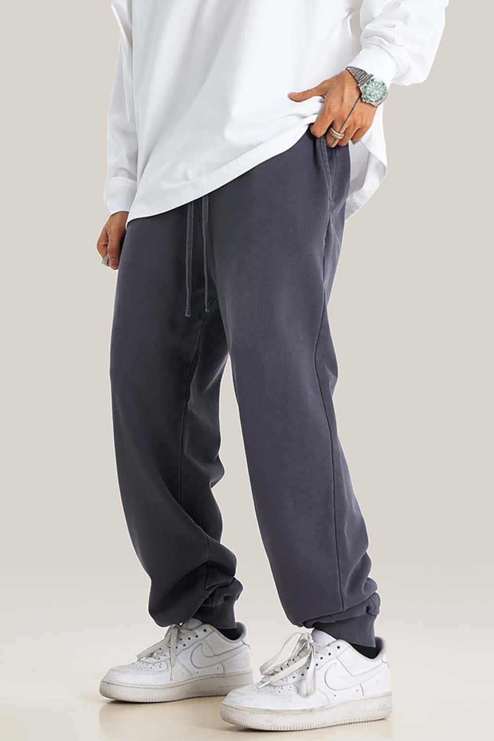 Streetwear Loose Casual Pants with Elastic Cuffs and Washed Finish