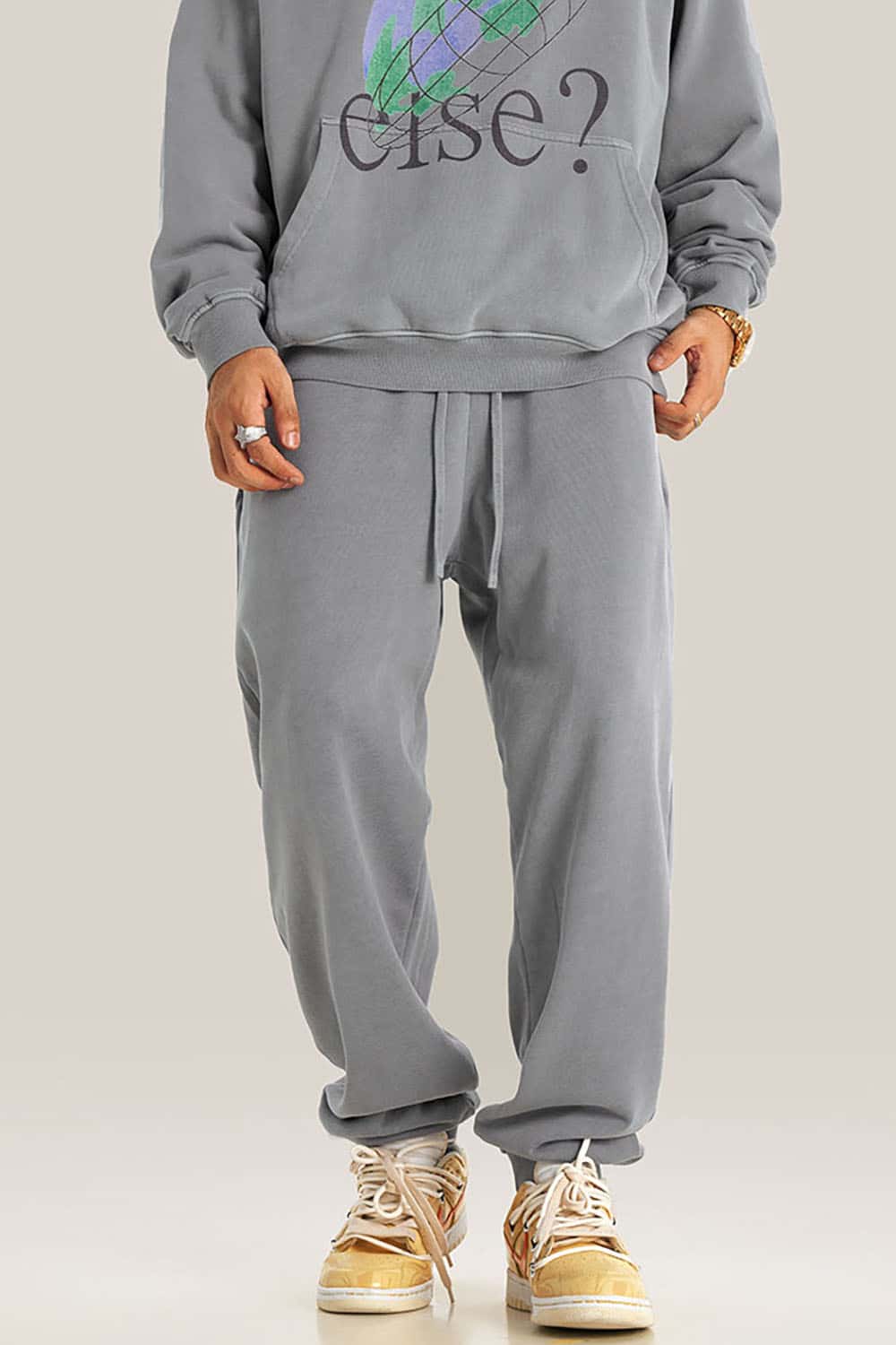 Streetwear Loose Casual Pants with Elastic Cuffs and Washed Finish