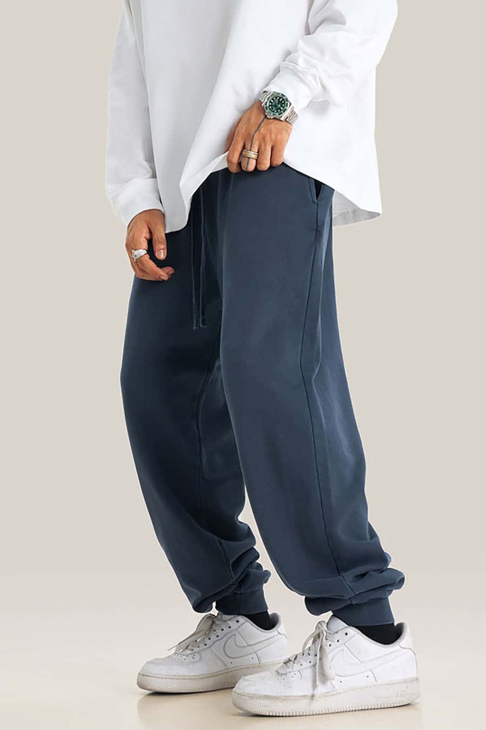 Streetwear Loose Casual Pants with Elastic Cuffs and Washed Finish
