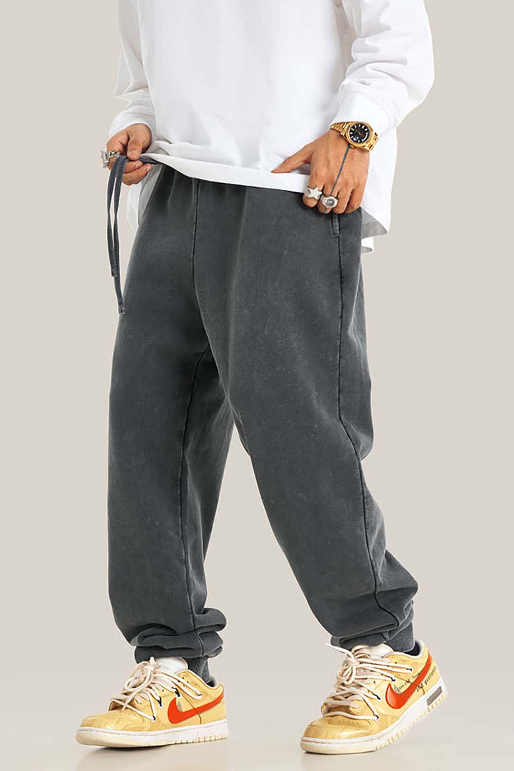 Streetwear Distressed Plus-Size Loose Joggers with Vintage Wash