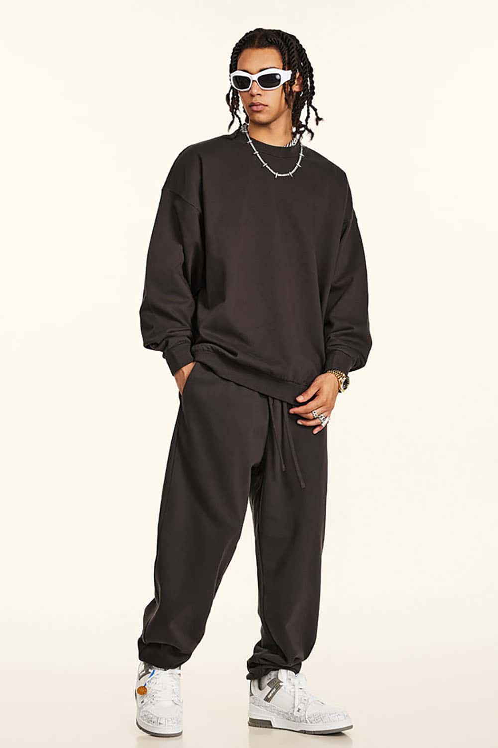 Loose Solid Color 440G Heavyweight Drop-Shoulder Basic Crew Neck Sweatshirt