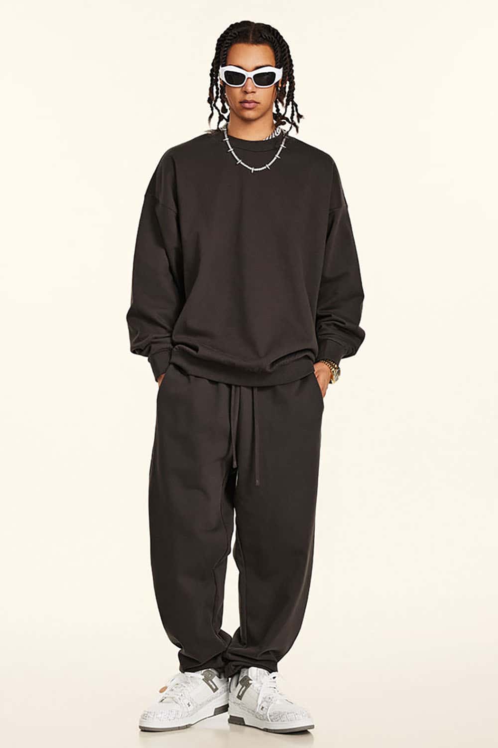 Loose Solid Color 440G Heavyweight Drop-Shoulder Basic Crew Neck Sweatshirt