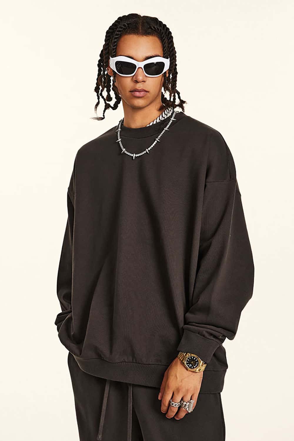 Loose Solid Color 440G Heavyweight Drop-Shoulder Basic Crew Neck Sweatshirt