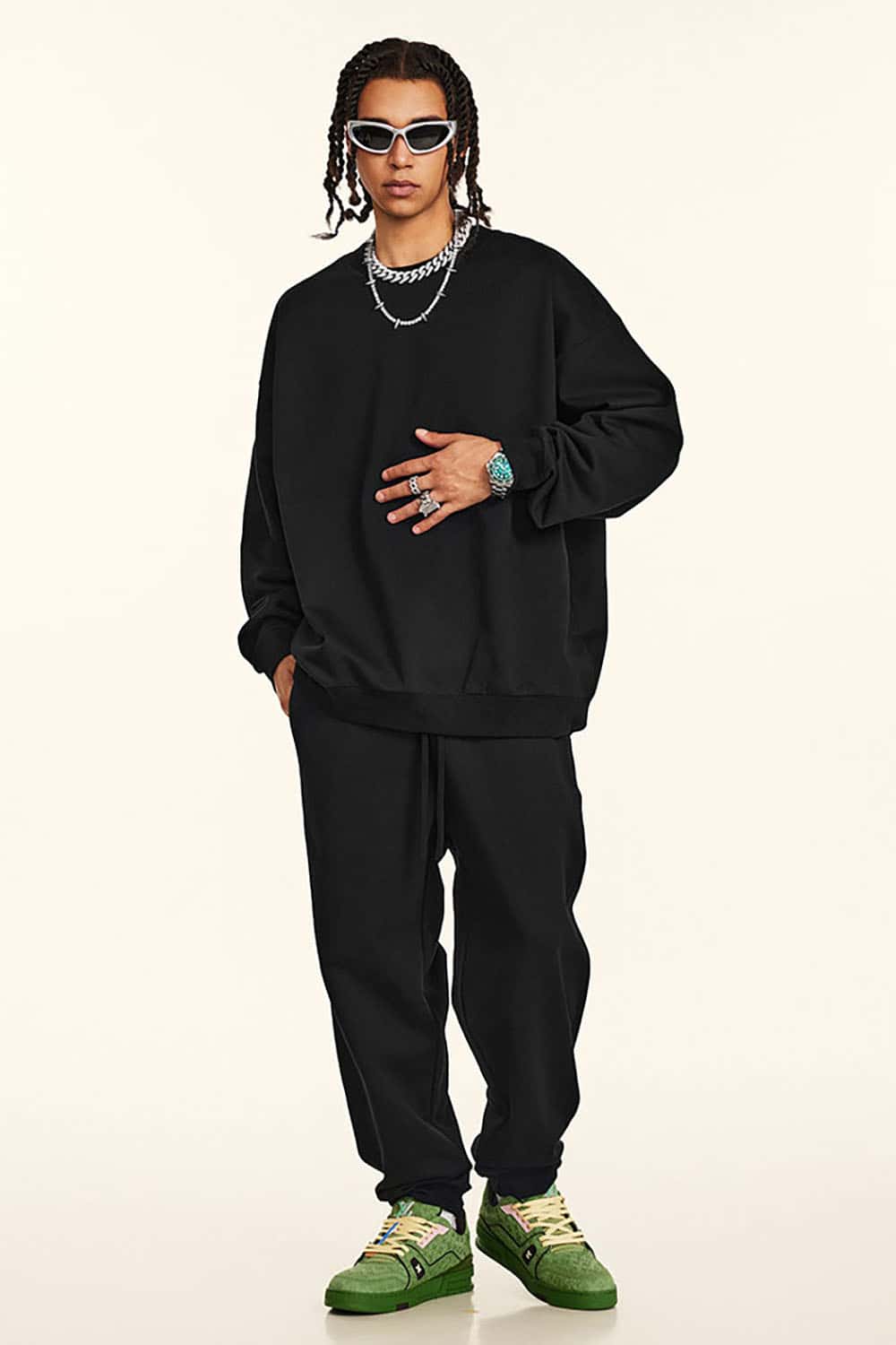 Loose Solid Color 440G Heavyweight Drop-Shoulder Basic Crew Neck Sweatshirt