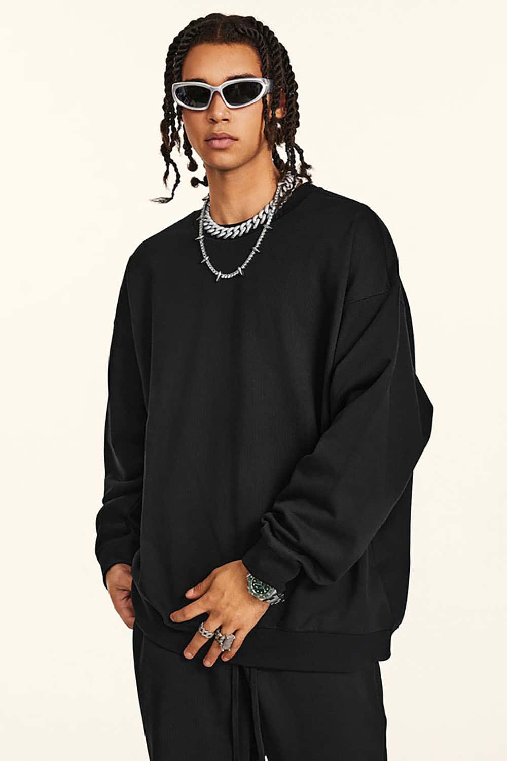 Loose Solid Color 440G Heavyweight Drop-Shoulder Basic Crew Neck Sweatshirt