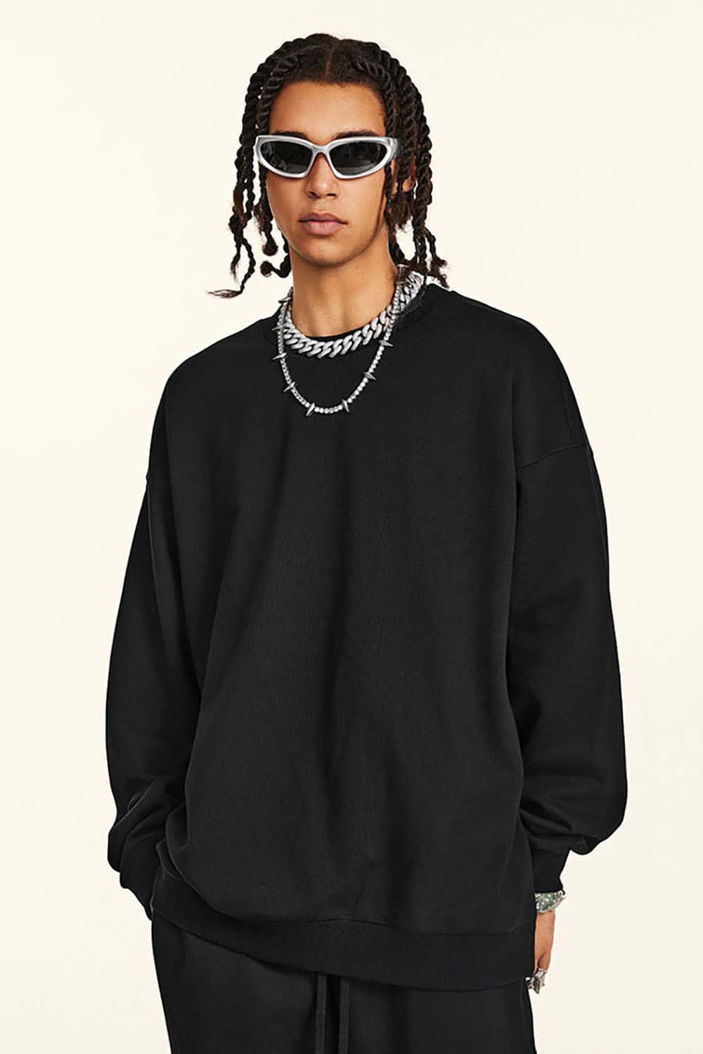 Loose Solid Color 440G Heavyweight Drop-Shoulder Basic Crew Neck Sweatshirt