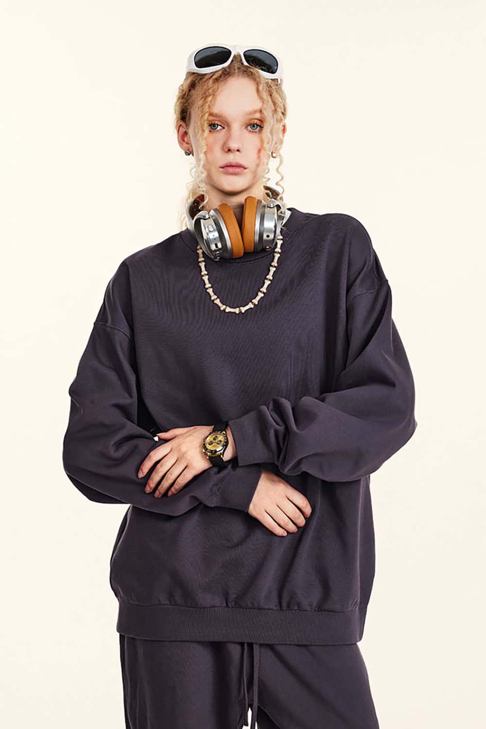 Loose Solid Color 440G Heavyweight Drop-Shoulder Basic Crew Neck Sweatshirt