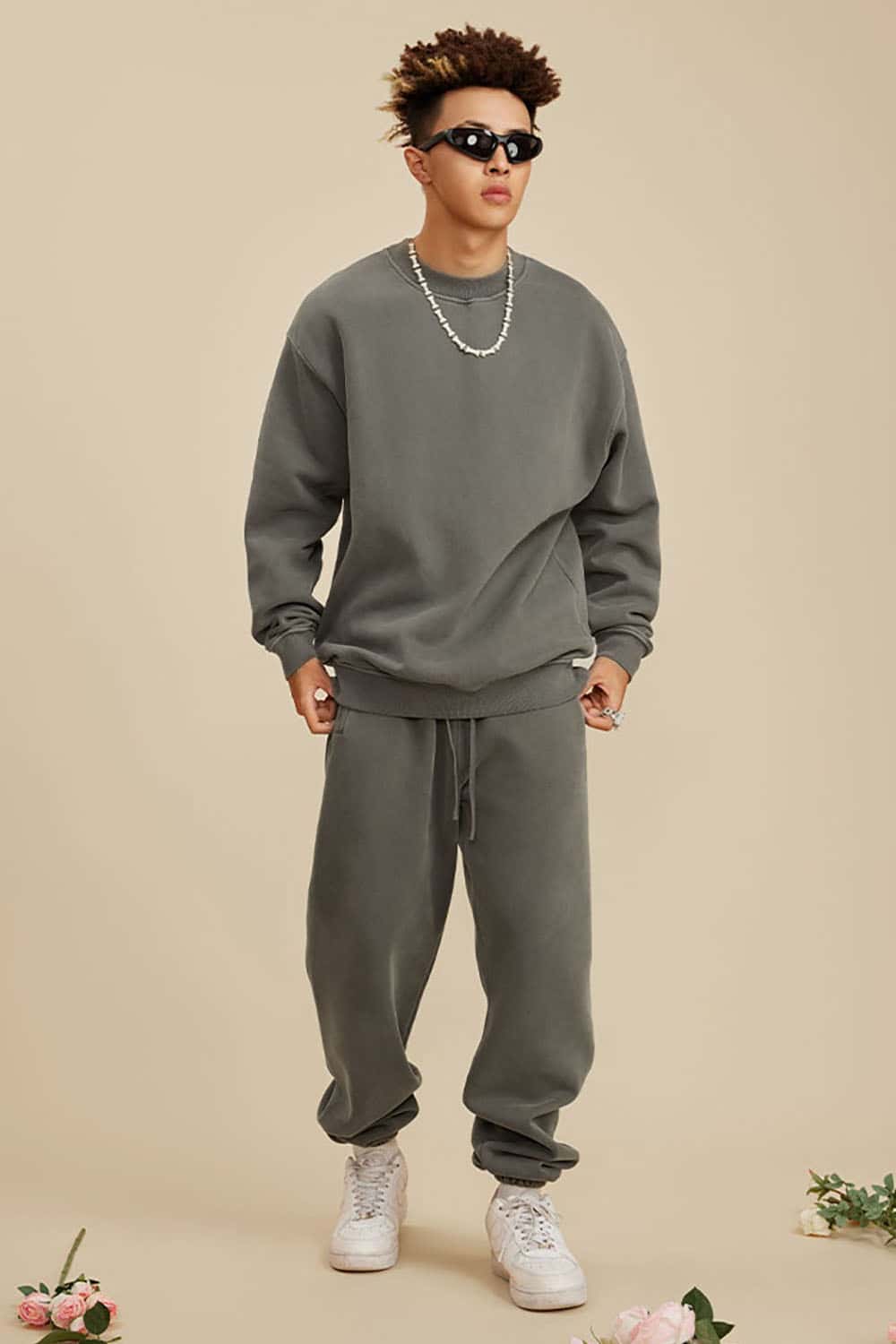 Washed Fleece-Lined Semi-High Neck Streetwear Sweatshirt
