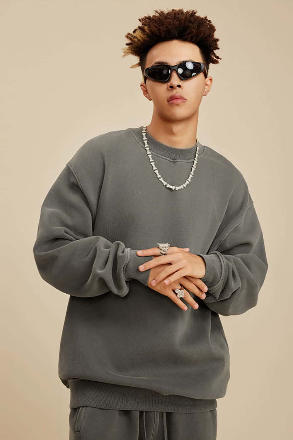 Washed Fleece-Lined Semi-High Neck Streetwear Sweatshirt