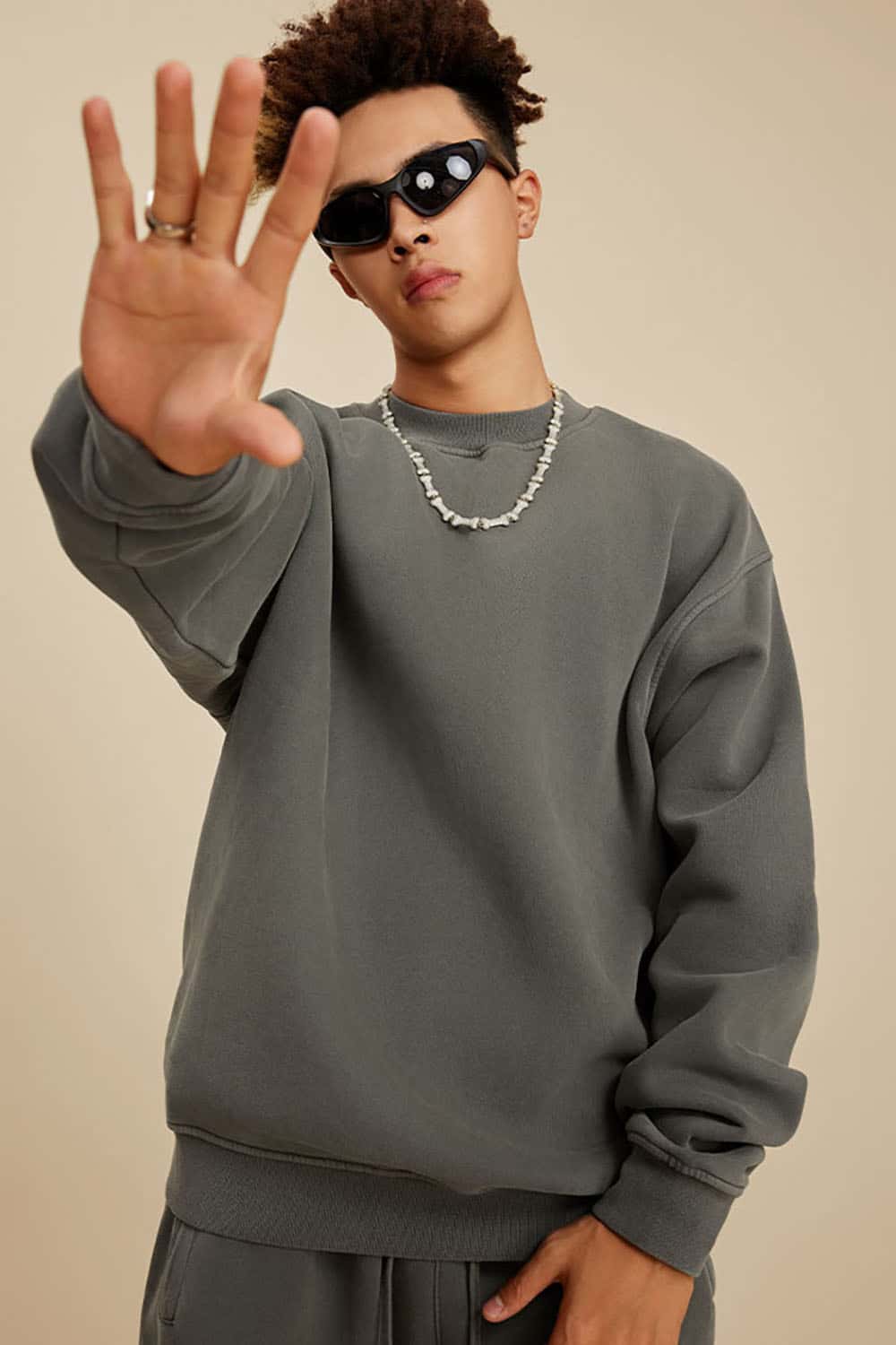 Washed Fleece-Lined Semi-High Neck Streetwear Sweatshirt