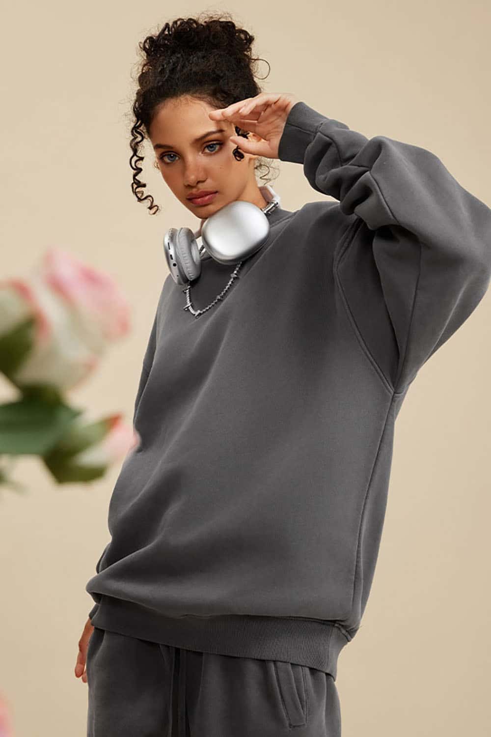 Washed Fleece-Lined Semi-High Neck Streetwear Sweatshirt