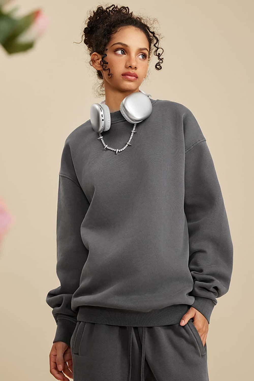 Washed Fleece-Lined Semi-High Neck Streetwear Sweatshirt