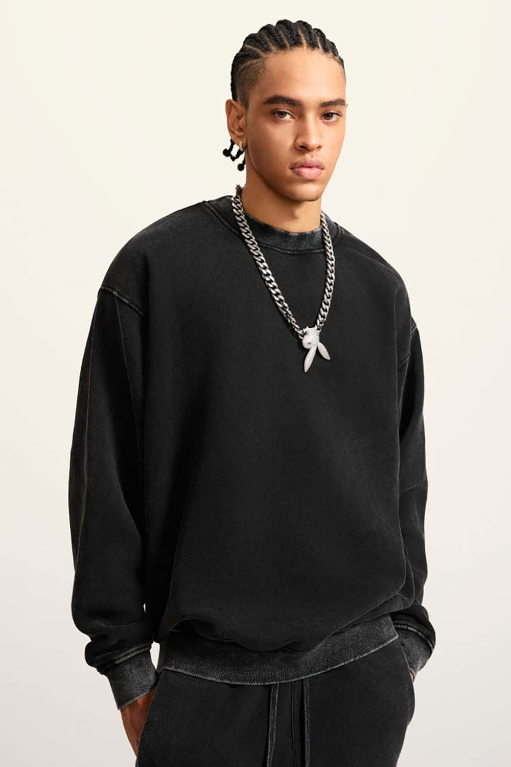 Washed Fleece-Lined Semi-High Neck Streetwear Sweatshirt