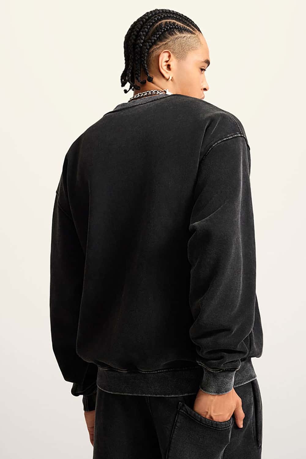 Washed Fleece-Lined Semi-High Neck Streetwear Sweatshirt