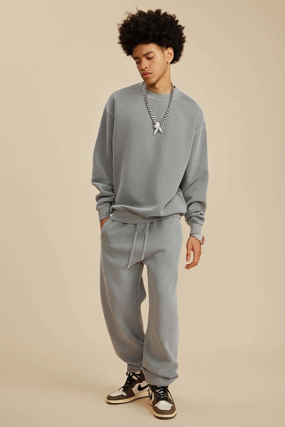 Washed Fleece-Lined Semi-High Neck Streetwear Sweatshirt