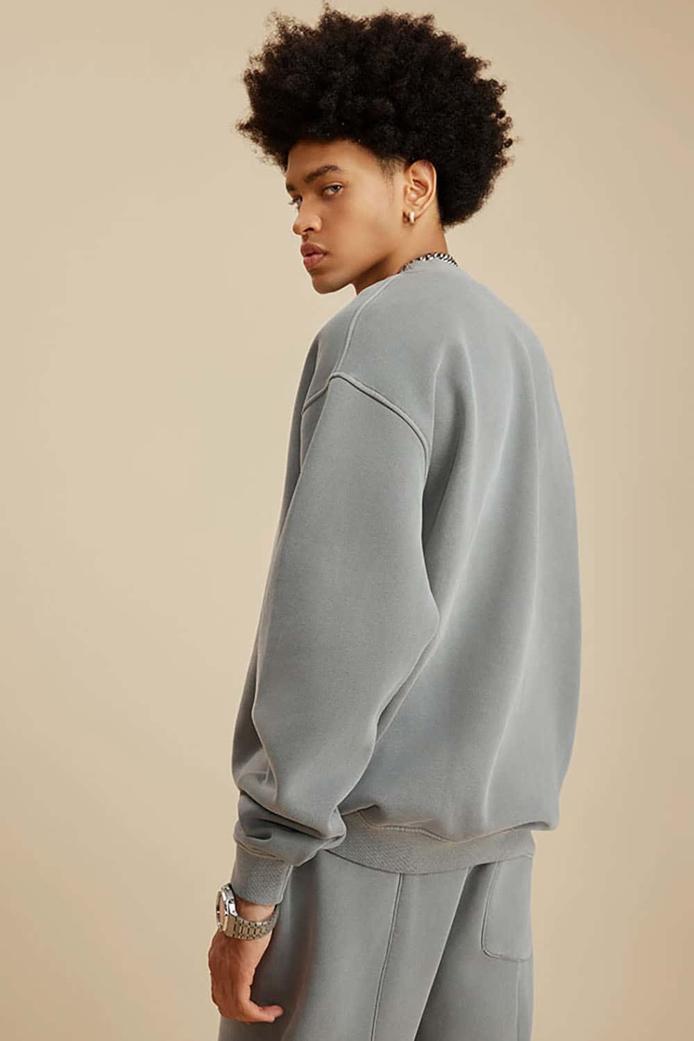 Washed Fleece-Lined Semi-High Neck Streetwear Sweatshirt