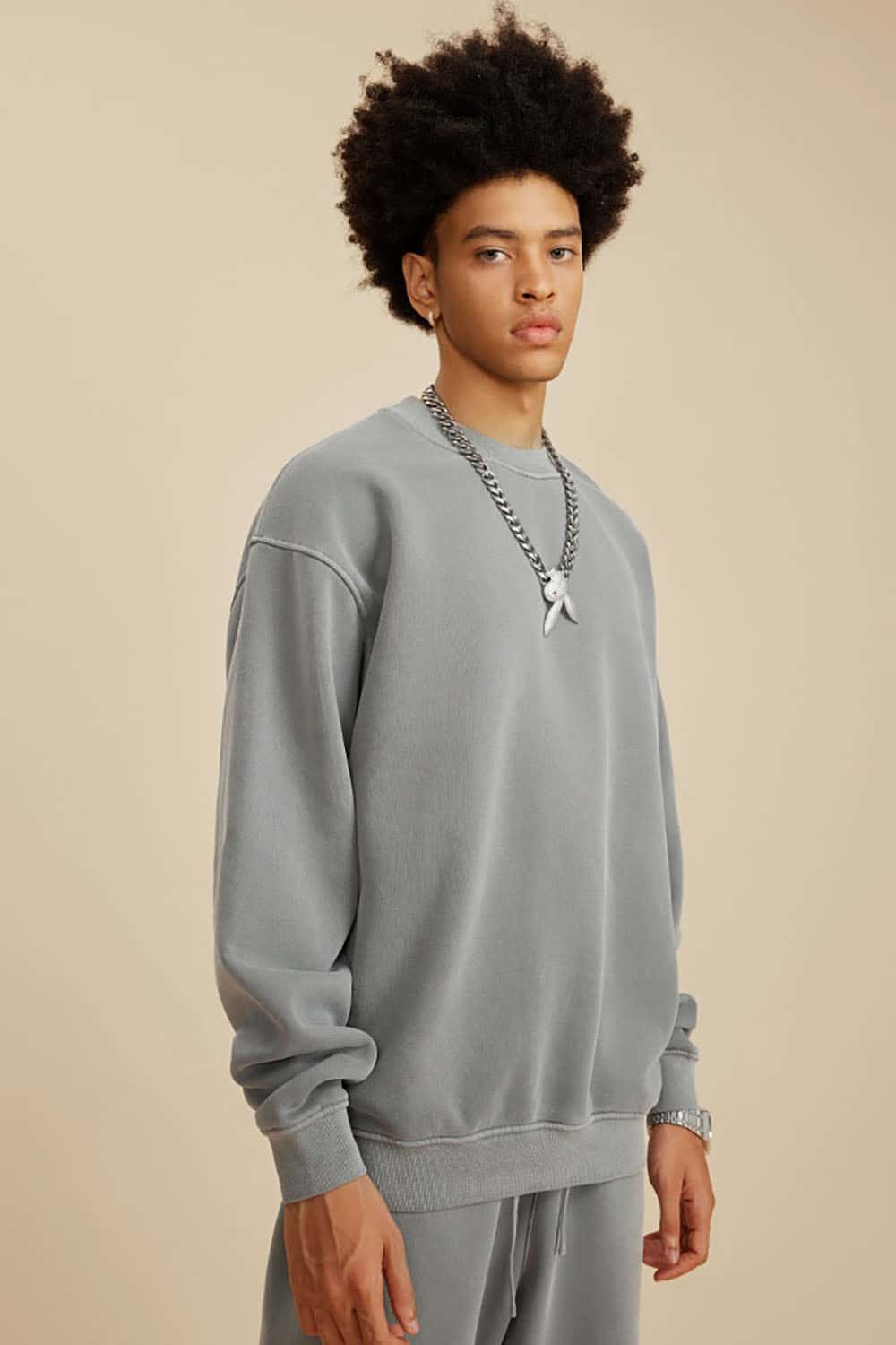Washed Fleece-Lined Semi-High Neck Streetwear Sweatshirt