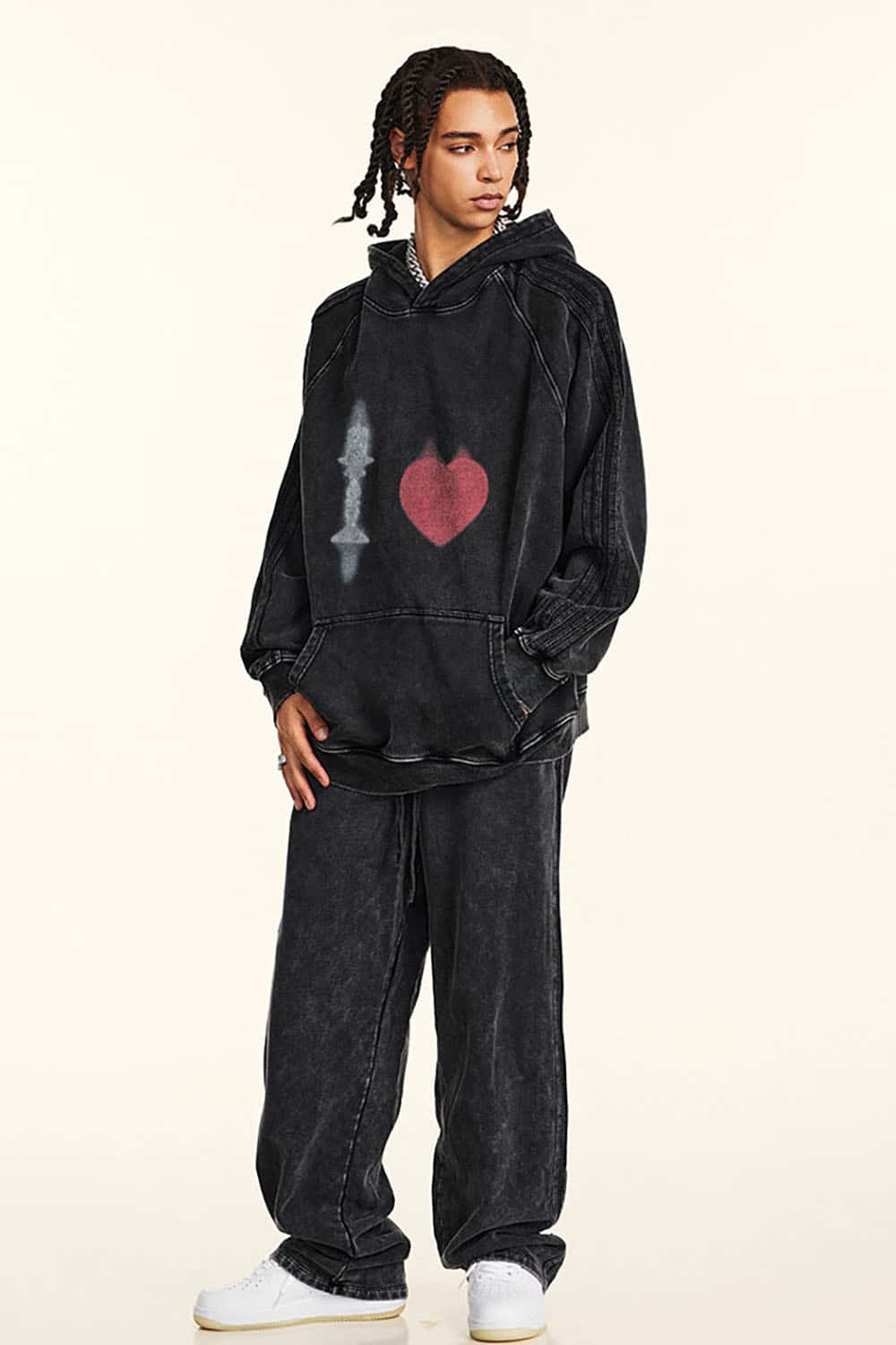Vintage Washed Cotton Oversized Hoodie with King and Heart Design