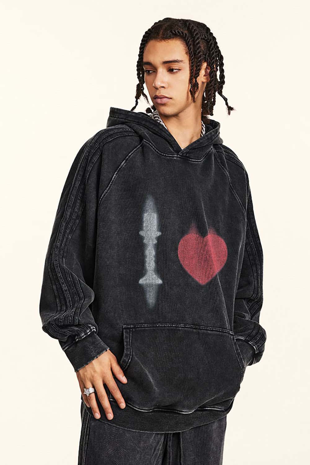 Vintage Washed Cotton Oversized Hoodie with King and Heart Design