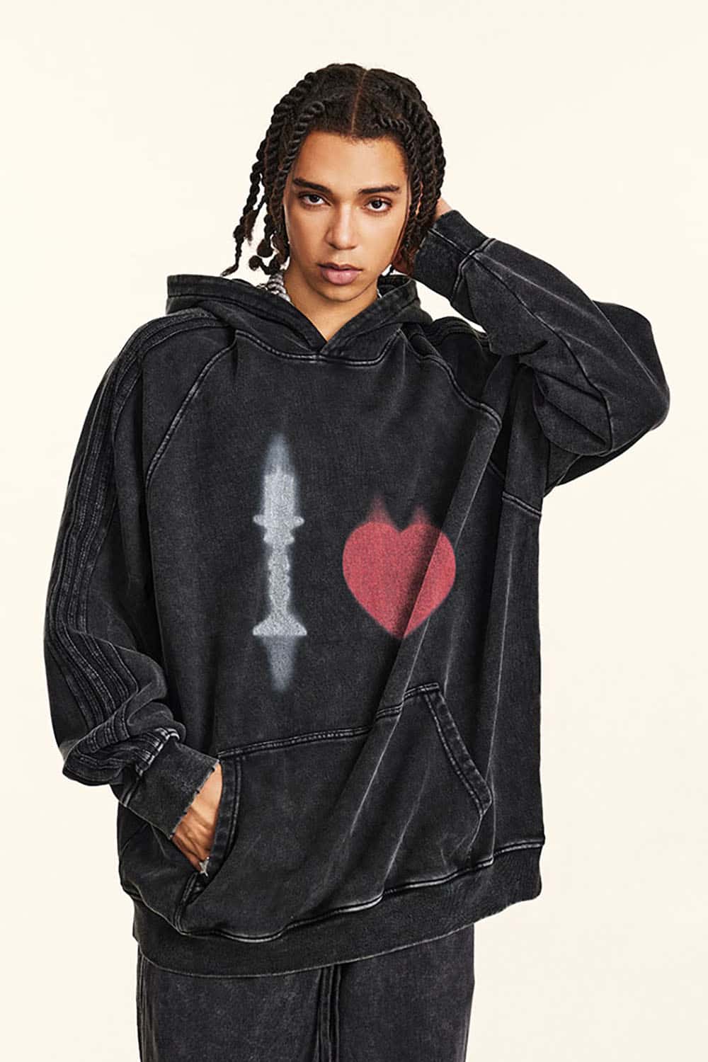 Vintage Washed Cotton Oversized Hoodie with King and Heart Design