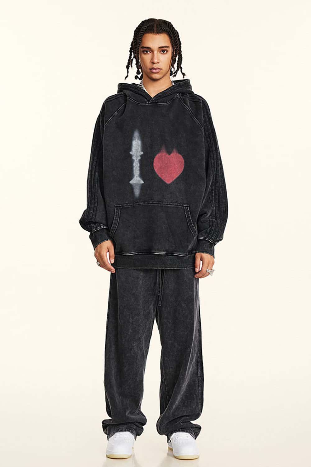 Vintage Washed Cotton Oversized Hoodie with King and Heart Design