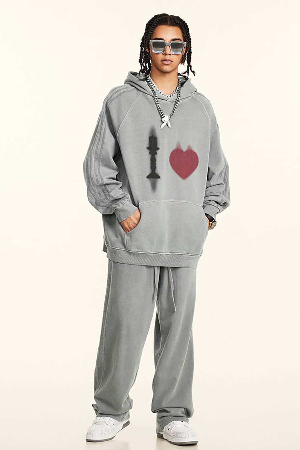 Vintage Washed Cotton Oversized Hoodie with King and Heart Design