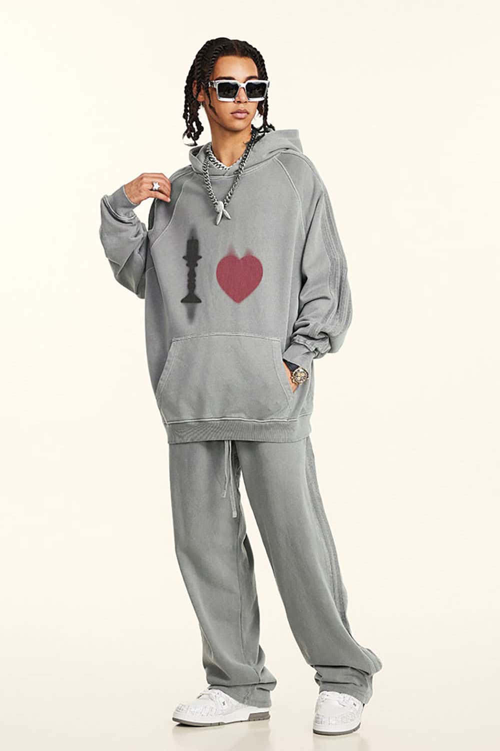 Vintage Washed Cotton Oversized Hoodie with King and Heart Design