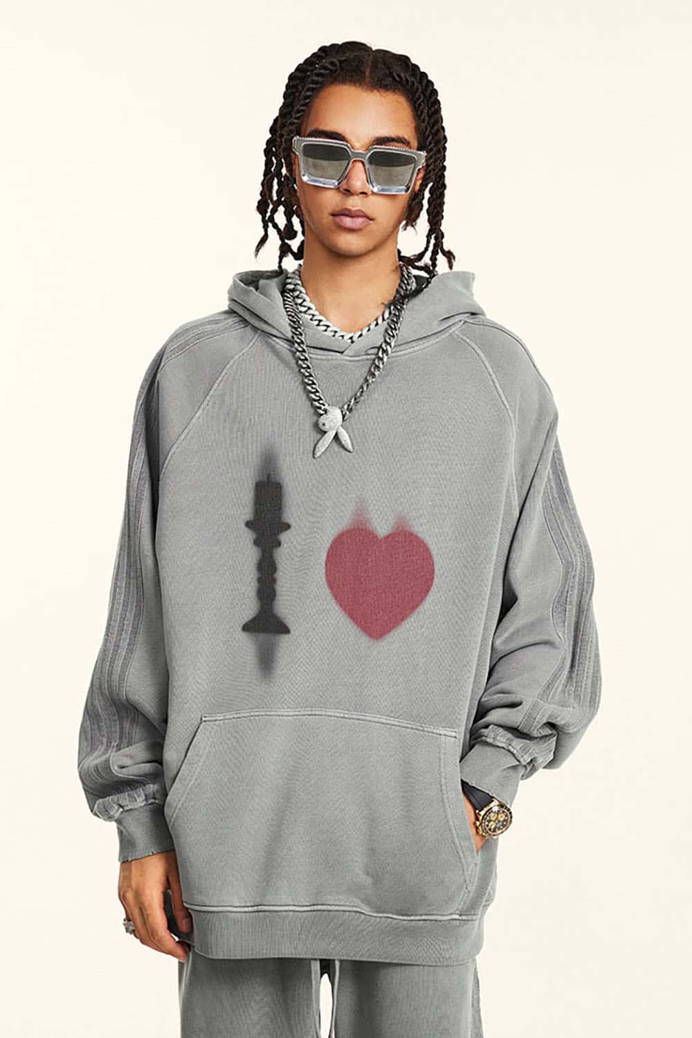 Vintage Washed Cotton Oversized Hoodie with King and Heart Design