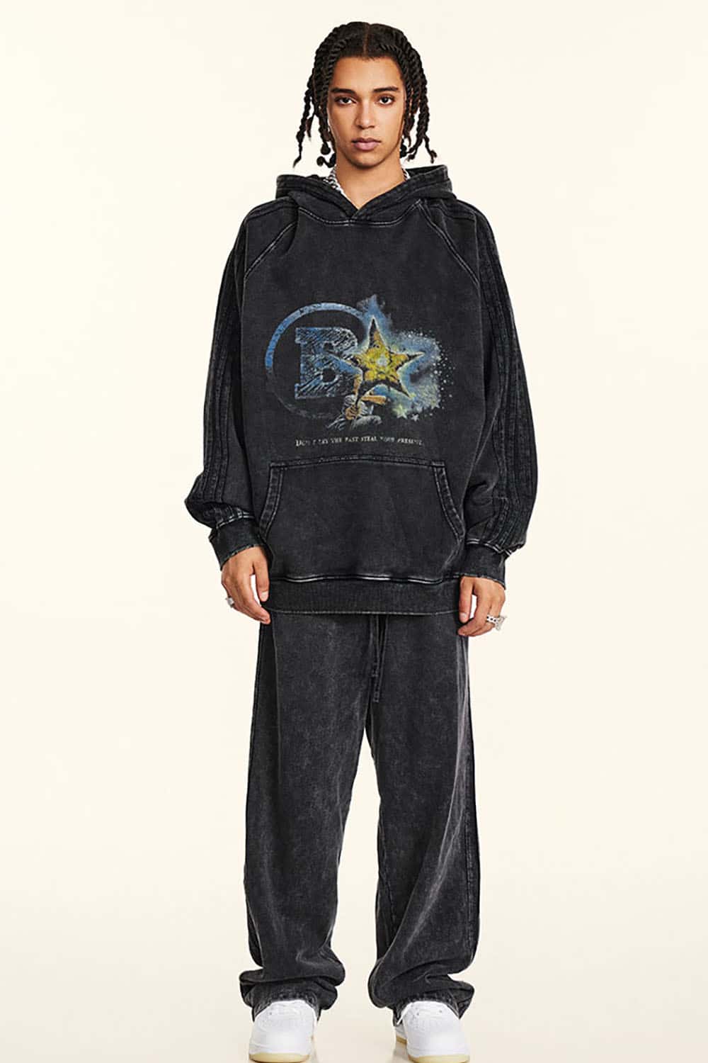 Loose Heavyweight Washed Hoodie with Inspirational Graphic