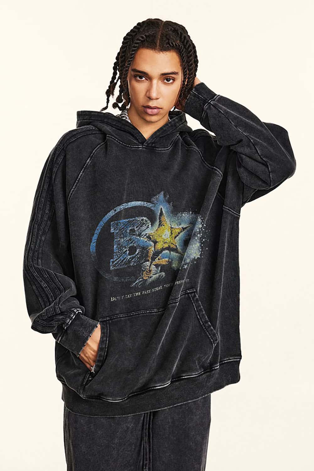 Loose Heavyweight Washed Hoodie with Inspirational Graphic