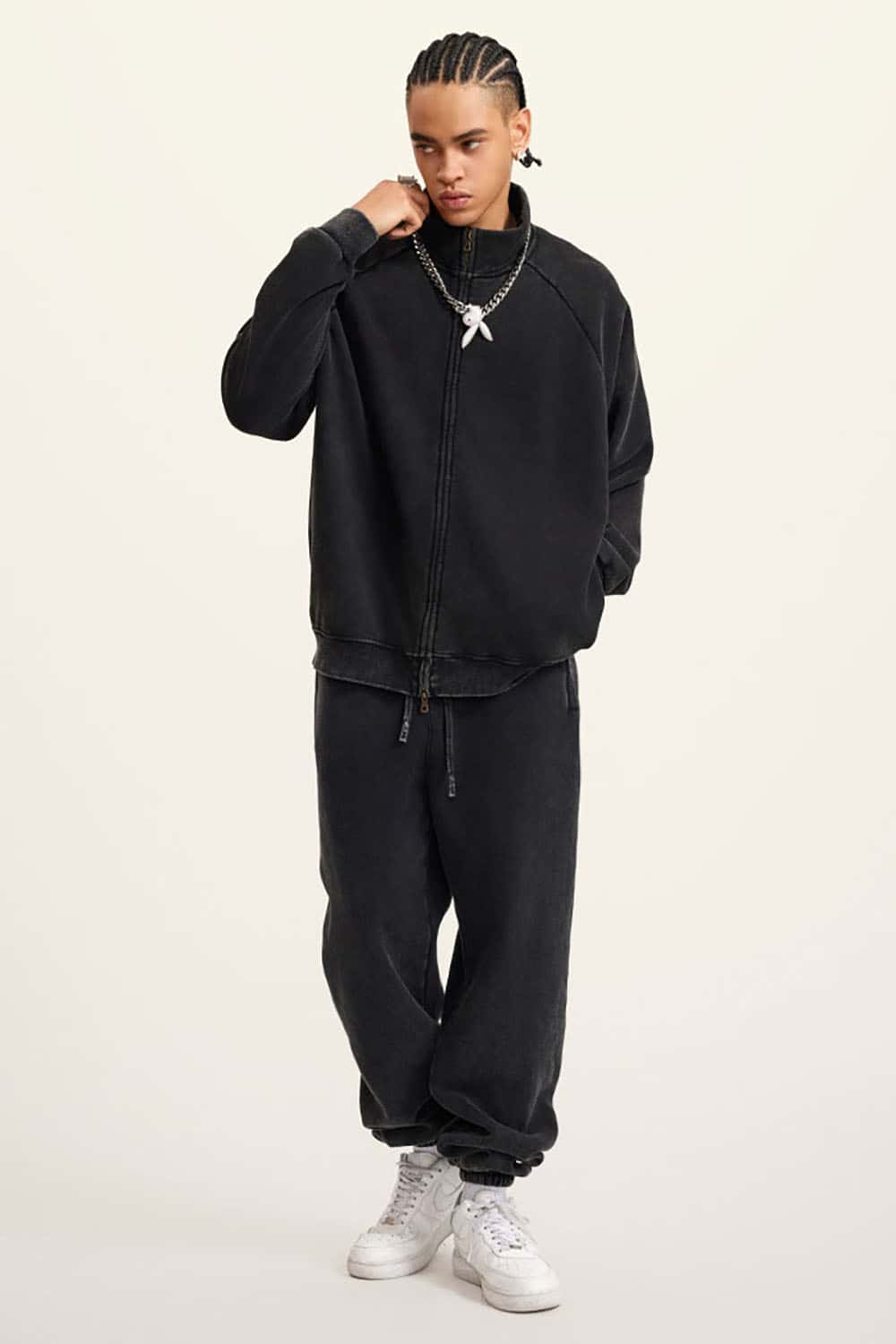 Heavyweight 350g Vintage Wash Drop Shoulder Zip-Up Fleece Jacket