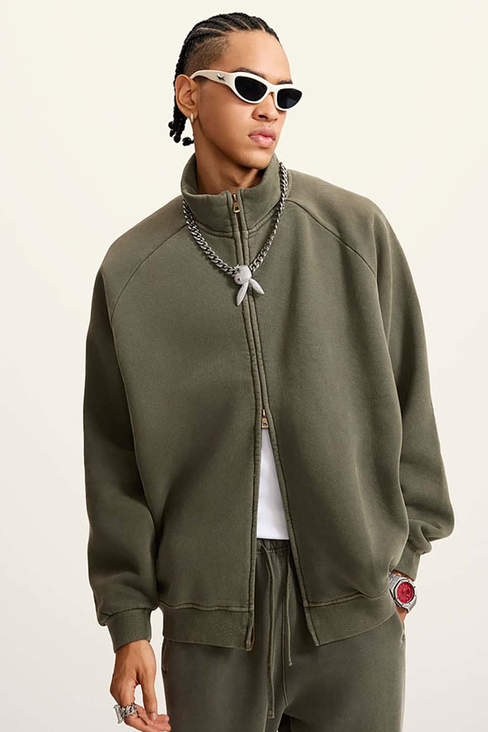 Heavyweight 350g Vintage Wash Drop Shoulder Zip-Up Fleece Jacket