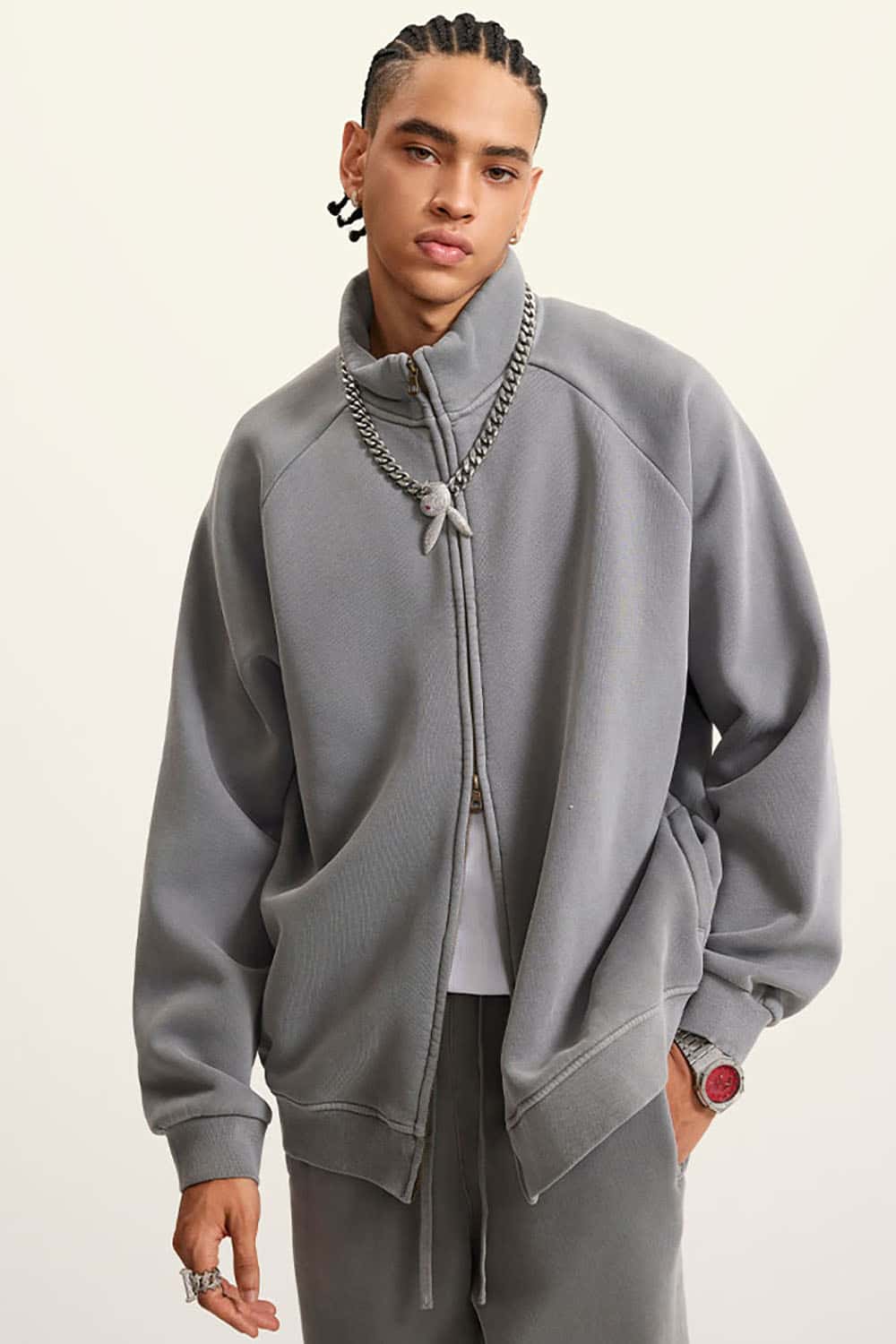 Heavyweight 350g Vintage Wash Drop Shoulder Zip-Up Fleece Jacket