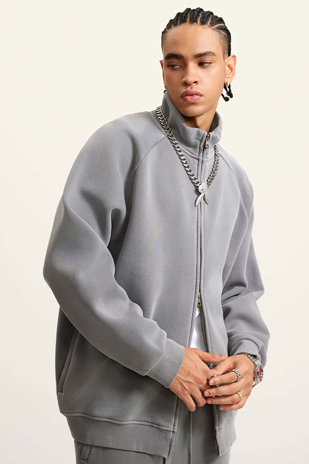 Heavyweight 350g Vintage Wash Drop Shoulder Zip-Up Fleece Jacket