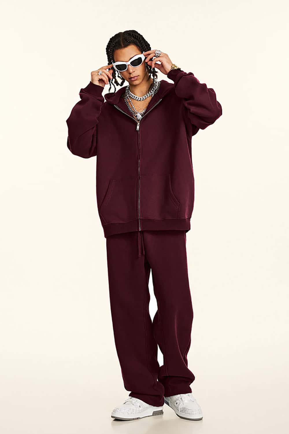Solid Color Loose Fleece Hooded Zip-Up Knit Cardigan