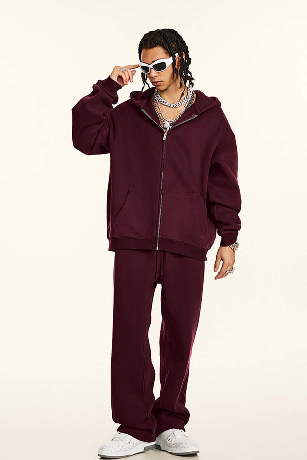 Solid Color Loose Fleece Hooded Zip-Up Knit Cardigan
