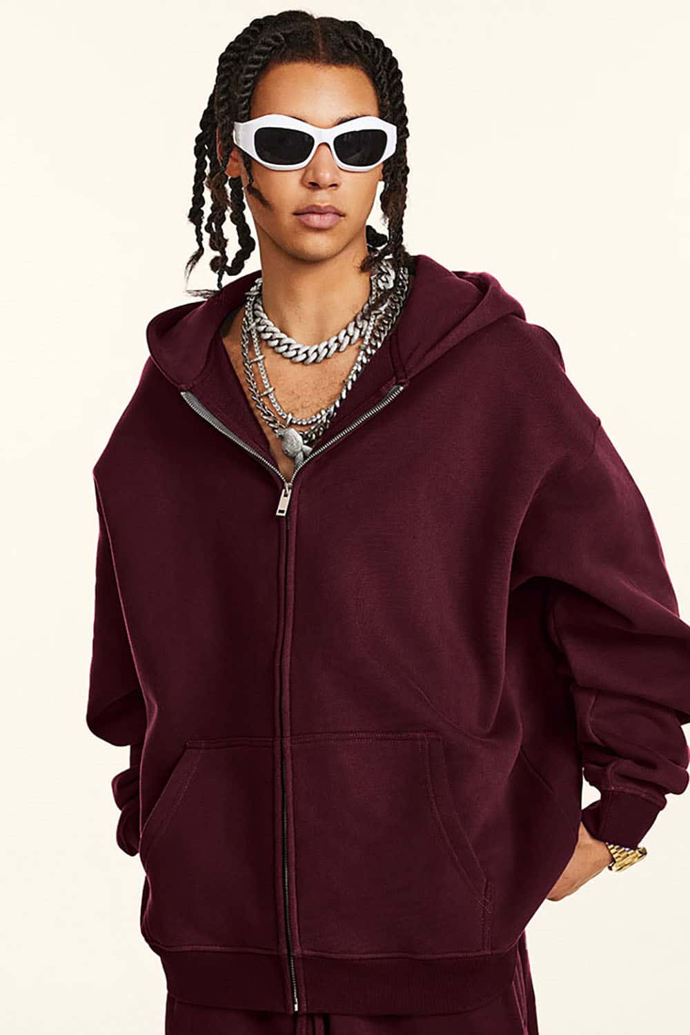 Solid Color Loose Fleece Hooded Zip-Up Knit Cardigan