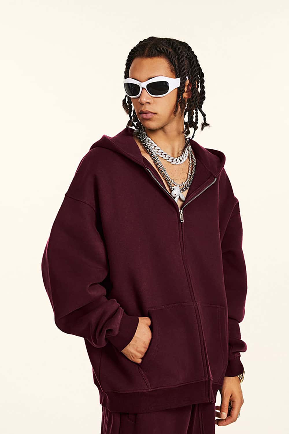 Solid Color Loose Fleece Hooded Zip-Up Knit Cardigan