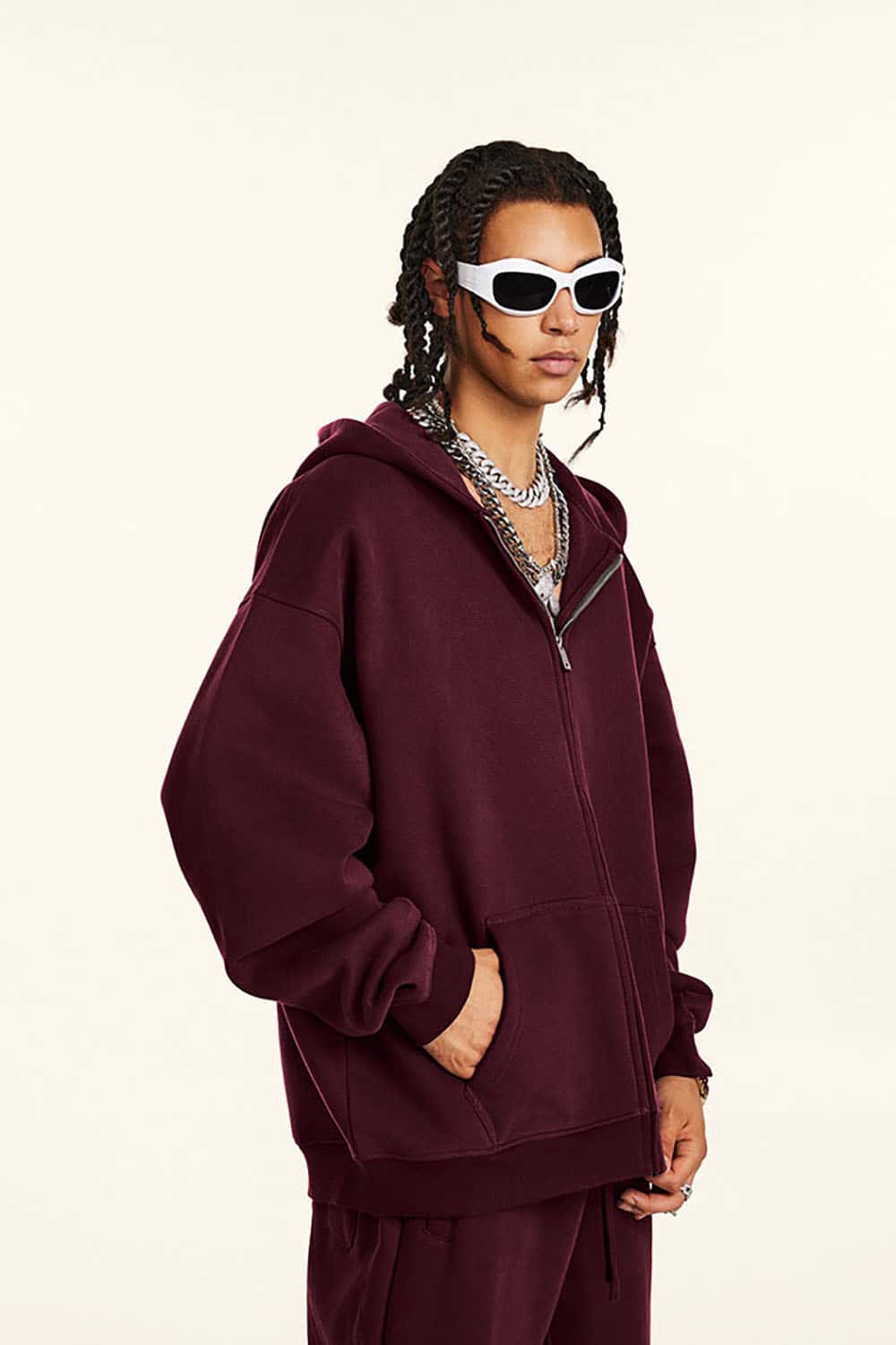 Solid Color Loose Fleece Hooded Zip-Up Knit Cardigan