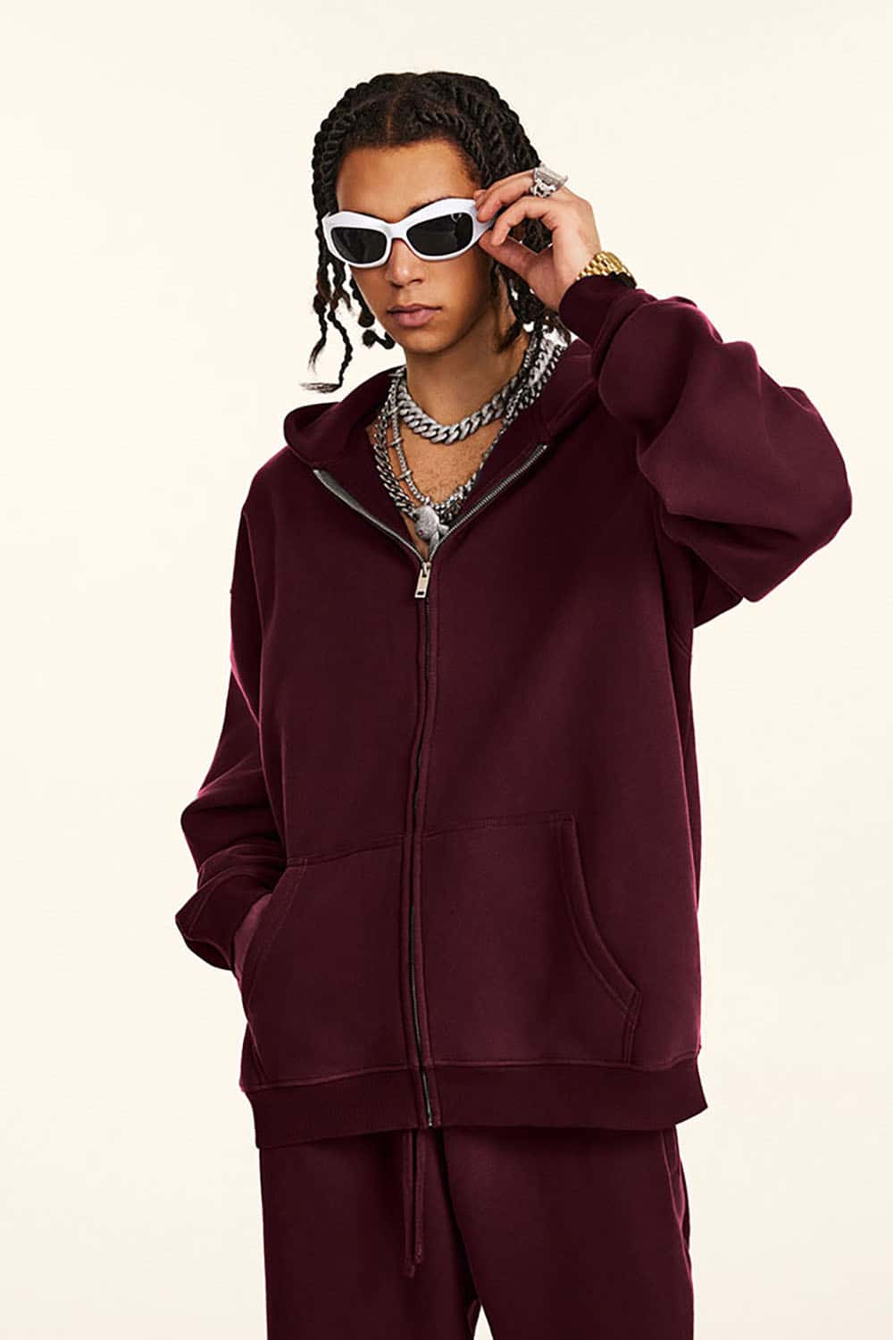 Solid Color Loose Fleece Hooded Zip-Up Knit Cardigan
